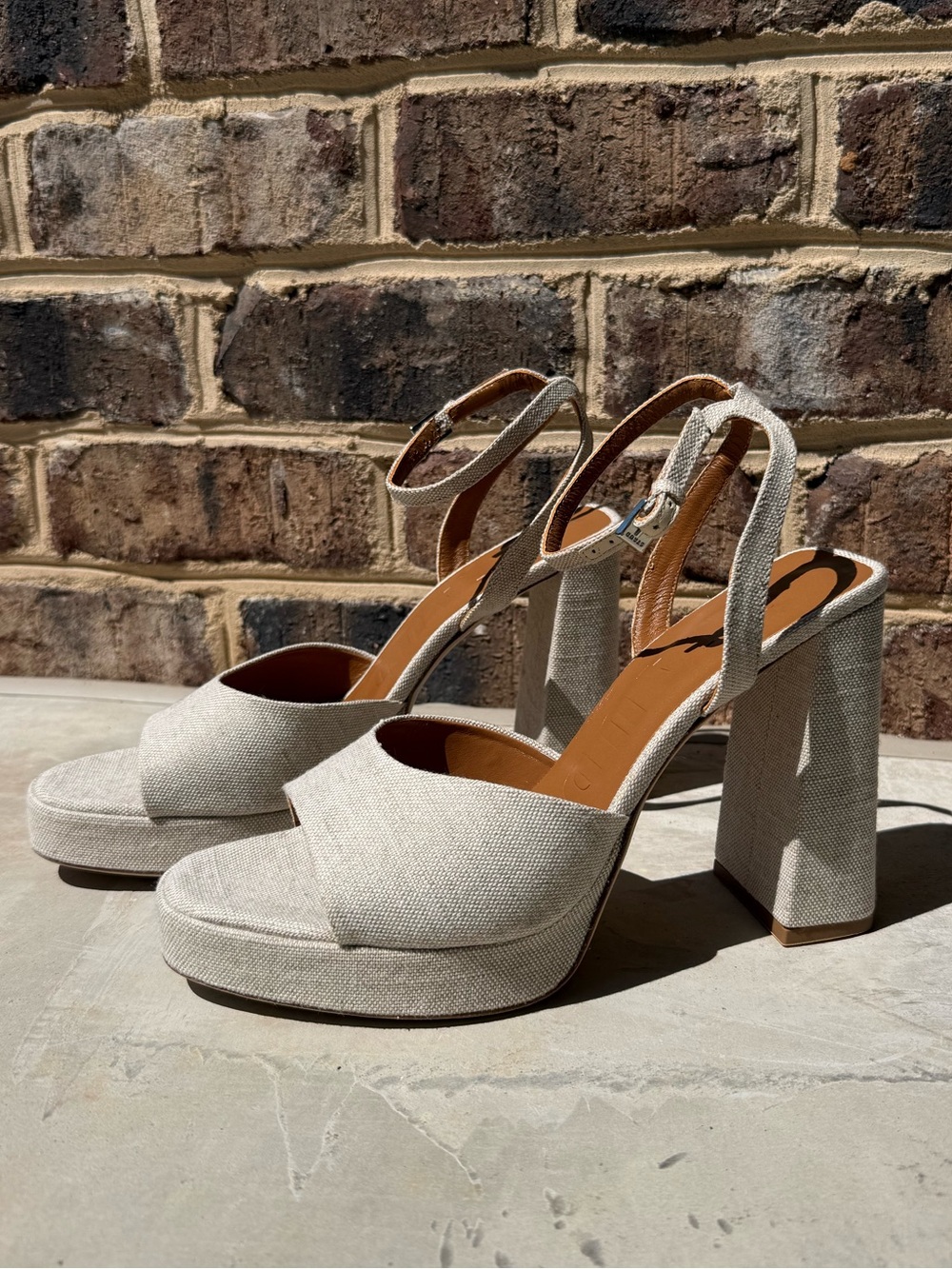 STAUD Beige Linen Platform Heels